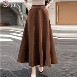 Skirts A Line Winter Women Warm Design Elegant Lady Office Long Skirt Plaid Printed Elastic High Waist Woollen