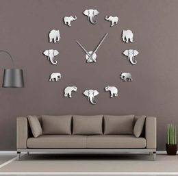 Jungle Animals Elephant DIY Large Wall Clock Home Decor Modern Design Mirror Effect Giant Frameless Elephants DIY Clock Watch Y2005338388