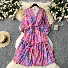 Casual Dresses Vintage Elegant V Neck Puff Sleeve Drawstring Lace Up Dress A-line Fashion Sweet Spring Summer Vestidos Women