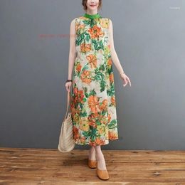 Ethnic Clothing 2024 Chinese Improved Qipao Vintage Sleeveless Dress Cheongsam National Flower Print A-line Oriental Elegant Folk
