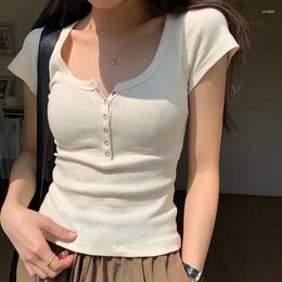 Women's T Shirts Ribbed Cotton S Korea Stylish Base Layering Tops With Button Elegant Casual Chic Female Blouse Outfits C5438