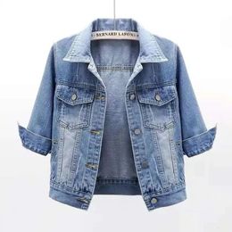 Women Spring Autumn Denim Jacket Tops Pink Color Solid Short Multicolor Feminino Three Quarter Sleeve Jean Size S5XL 240423