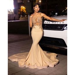 Champagne Long Trumept Prom Formal Dresses For Women Crystal Beaded Black Girl Birthday Gown Vestidos De Gala 2024 0431