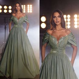 Line Shoulder Dresses Green Off A Evening Taffeta Party Prom Sequins Pleats Formal Long Red Carpet Dress For Special Ocn