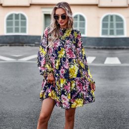 Casual Dresses Women's O Neck Long Sleeve Short Dress For Ladies Loose All Match Printed Floral