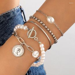 Link Bracelets HuaTang Pretty Pearl Stone Portrait Pendant For Women Trendy Silver Colour Alloy Adjustable Bracelet 5pcs/set Jewellery