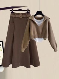 Work Dresses Fall Winter Clothing For Womens Outfits Korean Casual 2 Pieces Tops Woolen Skirts Sets Office Ladies Elegant Suits 2024