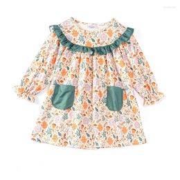 Girl Dresses Girlymax Fall Autumn Winter Floral Print Baby Girls Boutique Clothes Children Dress Long Sleeve Pocket Knee Length