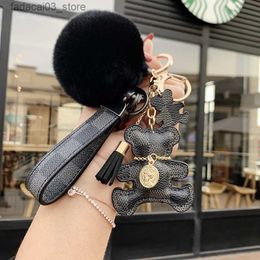 Keychains Lanyards Bear keychain for women pompom Plush car key decorative pendant accessory girls like classic grid metal buckle ring checkerboard Q240201