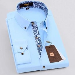 Classic Cotton Casual Shirts Men Long Sleeve Shirt for Business Blue White Porcelain Collar Dress Shirt Fashion Korean Clothing 240201