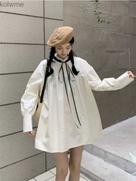 Basic Casual Dresses Deeptown Kawaii Korean Style Beige Shirt Dress Women Cute Preppy One Piece Lantern Sleeve Mini Blouse Dresses Vintage Vestidos YQ240201