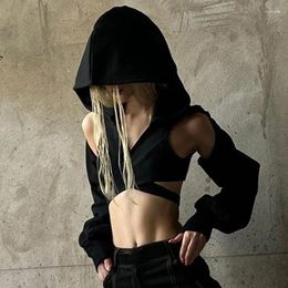 Women's Hoodies Goth Dark Streetwear Cut Out Mall Gothic Grunge Punk Cross Buckle Hooded Crop Sweatshirts Y2k Techwear Fashion Black Top