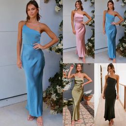 Casual Dresses Women Elegant Diagonal Collar One Shoulder Backless Stain Dress Spring Summer Lady Sexy Evening Long