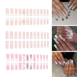 False Nails 24Pcs Nail Art Pieces Crystal Flowers Extra Long Full Cover Simple Operation Quick Manicure French Square Fake