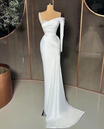 White One Shoulder Mermaid Prom Dresses Long Sleeves Sweep Train Sequins Beads Formal Evening Gowns