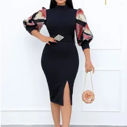 Casual Dresses EWSFV 2024 Spring And Summer Women Style Temperament Commuter Print Stitching Puff Sleeve Hip Slim Black Dress