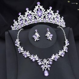 Necklace Earrings Set Gorgeous Princess Purple Crystal Bridal For Women Tiaras Crown Bride Wedding Jewellery