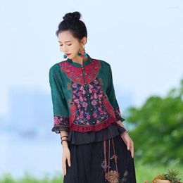 Ethnic Clothing 2024 Traditional Chinese Vintage Blouse Satin Jacquard Lace Patchwork Tang Suit National Flower Embroidery Retro
