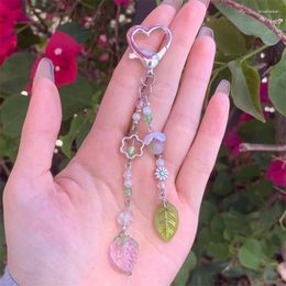 Keychains Pink Strawberry Beaded Keychain / Pearl Sparkly Flower Colors Leaf Green Dainty Fairy Heart Valentines