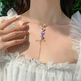 Chokers Korean Fashion Bling Purple Crystal Butterfly Choker Necklace For Women Teen Girls Gold Plated Long Tassel Collar Jewellery YQ240201