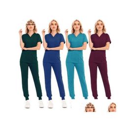 Women'S Two Piece Pants Womens Two Piece Pants Solid Colour Spa Threaded Clinic Work Suits Tops Uni Scrub Pet Nursing Uniform Drop Del Dhyt0