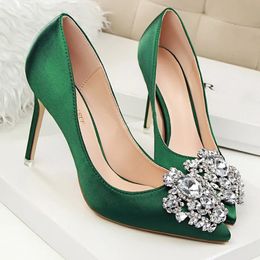 Women 10cm High Heels Sexy Rhinestone Green Pink Pointed Toe Pumps Silk Crystal Lady Satin Scarpin Elegant Shoes 240119