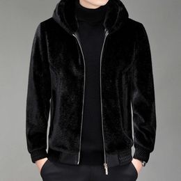 Winter Mens Mink Fur Coat Hooded Short Cardigan Zippered Insulation Leather Jacket HS1J