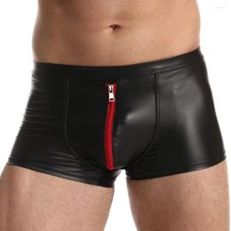 Underpants Zipper Boxer Men's Panties Sexy Leather Shorts Bulge Pouch Gay Mens Underwear Soft Slip Briefs Male Causal Wear