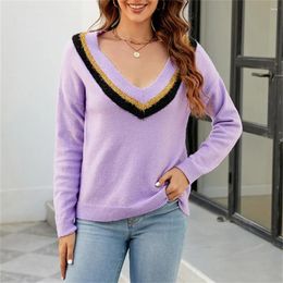 Women's Sweaters Elegant Purple Sweater Knitted Pullovers Long Sleeve Top V-neck Knitwear Women Jumper Casual Outfits Pull Femme