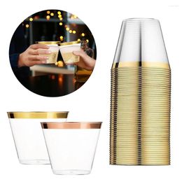 Disposable Cups Straws 50pcs Rose Gold Border Wine Cup Clear Tumblers Beverage For Wedding Party Dinking Champagne Cocktail Supplies