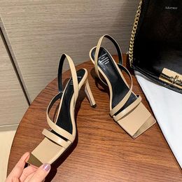 Sandals Chic Square Toe Women Apricot Leather Narrow Band Summer Shoes Black Formal Dress Pumps Thin High Heels Lady Sandalias