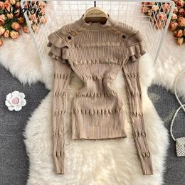 Women's Sweaters Neploe Stand Neck Solid Colour Long Sleeve 2024 Vintage Jersey Mujer Pull Femme Hollow Out Ruffles Patchwork Jumpers