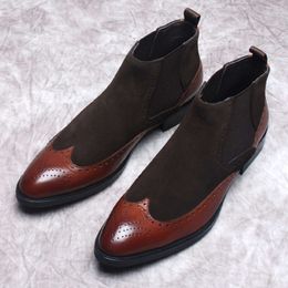 Ankle Genuine Leather Autumn Winter Slip on Black Brown Pointy Men Formal Boots Man Dress Up Shoe