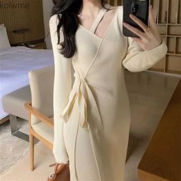 Basic Casual Dresses Vintage Solid Knitted Dress Women Autumn Winter Designer Bandage Slim Sexy Midi Dress French Style Korean One-piece Dress Women YQ240201