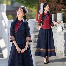 Ethnic Clothing 2024 Spring Chinese National Style Retro Half Sleeve Stand Collar Women Cheongsam Blouse Loose Skirt Two-piece Suit T001