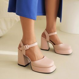 Sandals Square Flat Toe Cap Super High Thick Heel Side Hollowed Out Ankle Buckle Heels Close Shallow Summer Women's