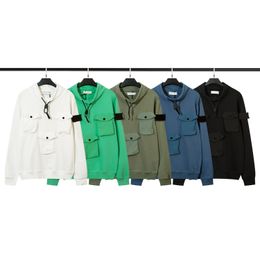 Designer high quality cotton hoodie epaulette compass stand collar three-dimensional multi-pocket loose pull-over hoodie multi-color option