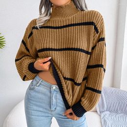 Women's Sweaters White Casual Striped Balloon Sleeve Turtleneck Knit Pullover Sweater Fall Fashion Oversized Brown Harajuku Office Lady