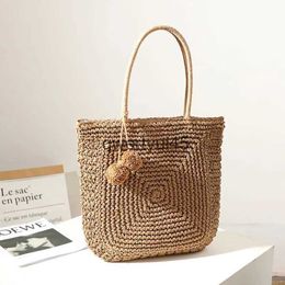Shoulder Bags Cute fur ball straw bag 2021 new wild large-capacity and-woven womens soulder andbag beacH2421