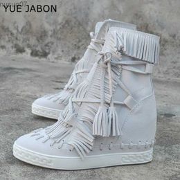 Boots 2023 White Women Ankle Wedges Heel Motorcycle Boots Fringed Cowboy Boots Shoes Spring Autumn Women Martin Boots Botas Mujer