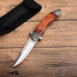 Hot sale! Lion Auto Tactical Folding Knife 8Cr13Mov Satin Blade Wood Handle Outdoor EDC Pocket Knives With Nylon Sheath