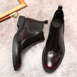 Autumn Ankle Genuine Leather Black Brown Slip on Dress for High Qualiti Formal Men Boots Shoe