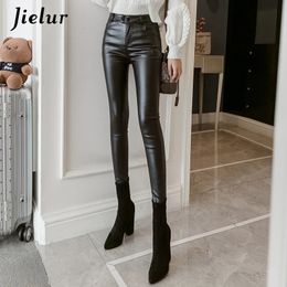 Jielur PU Faux Leather Leggings Women Skinny Silver Red Black Pants Female Lady S-3XL Thin/Fleece Pencil Leggins Bubble Butt 240131