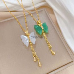 Chokers Behemia Stainless Steel Hetian Crystal Butterfly Necklace Woman Long Tassel Chokers Necklace Gifts For Women Fashion jewellery YQ240201