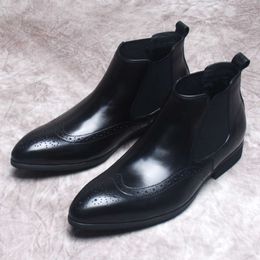 Ankle Genuine Leather Slip on Black Brown Dress Formal Fashion Brand Pointy Boots Men Shoe