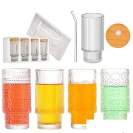 Tumblers Wholesale 11Oz Vertical Grain Glass Tumblers Vintage American Coffee Birchapple Flower Juice Beer Whiskey Drop Delivery Home Dhi2Z