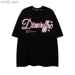 Men's T-Shirts American design letter pattern printed short-sleeved T-shirt for men and women hip-hop retro street oversize half-sleeved couple Q240201