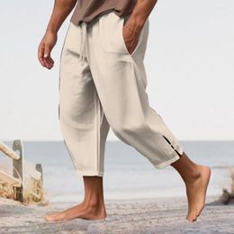 Men's Pants Beach Slits Trousers Solid Colour Drawstring Cropped With Elastic Waist Deep Crotch For