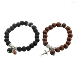 Charm Bracelets 2pcs Couple Hand Jewellery Chic Beaded Bracelet Wood Bead (Black Coffee)