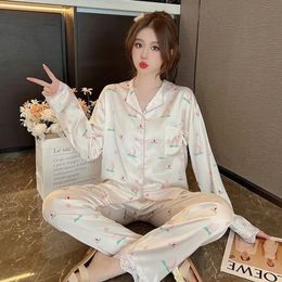 New Sleepwear Women's Ice Silk Long sleeved Lapel Peach Home Fury Set Soft and Comfortable